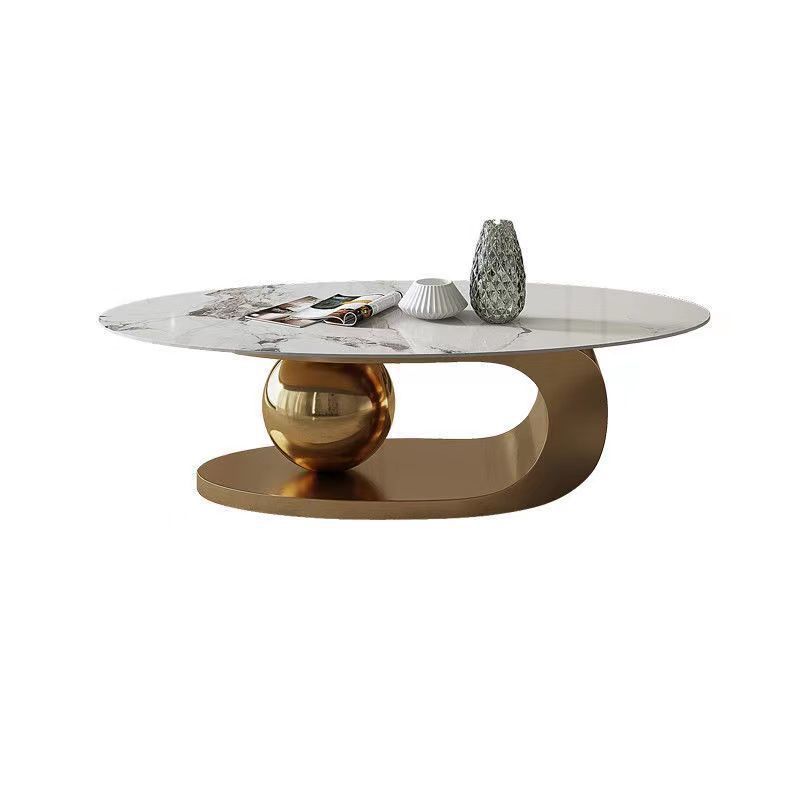 Elegant Oval Stone Coffee Table with Stainless Steel Abstract Bases Elegant Oval Stone Coffee Table with Stainless Steel Abstract Bases